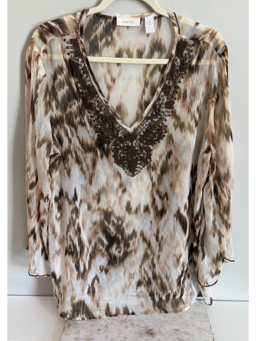 Chicos Ikat Illusion Isabella Beaded Sheer Tunic Blouse Womens XL 16/18 Gypsy